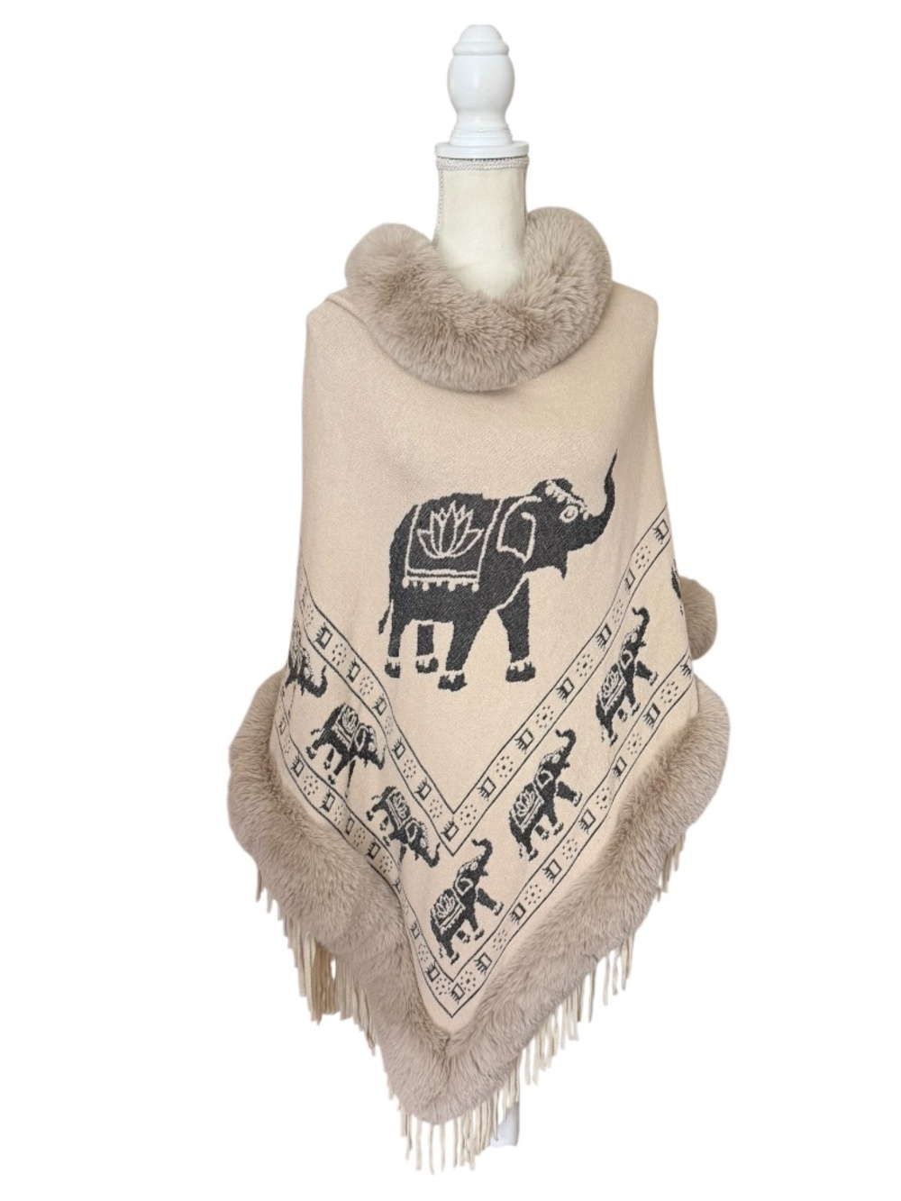 Elephant Print Faux Fur Trim Poncho Shawl Boho Fringe Wrap One Size